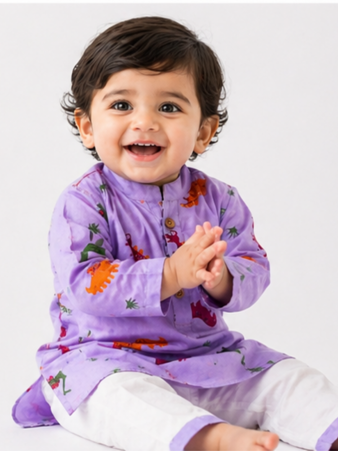Brave Explorer – Purple Dino Kurta Pajama with Border | Pure Cotton