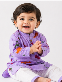 Brave Explorer – Purple Dino Kurta Pajama with Border | Pure Cotton