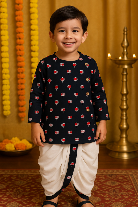 Bagru Handblock print -Ethnic Black Kurta dhoti set for Boys