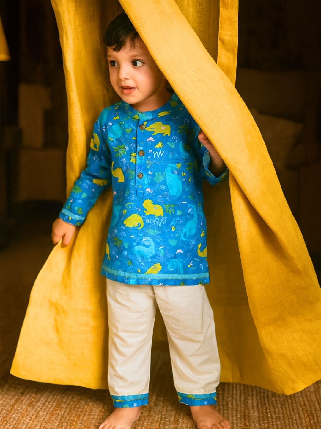 Little Voyager” – Blue Dino Kurta Pajama with Border | Pure Cotton