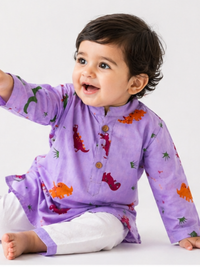 Brave Explorer – Purple Dino Kurta Pajama with Border | Pure Cotton