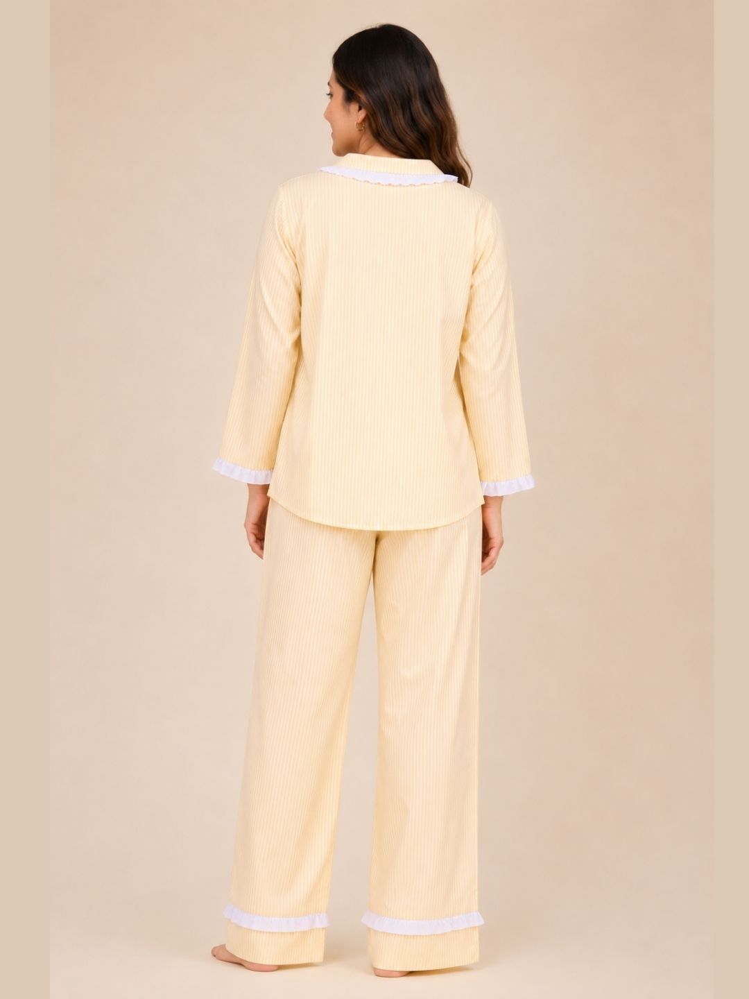 Lemon Yellow Slumber Pure Cotton Pajama Set with Vintage Frill Details-Relaxed Fit