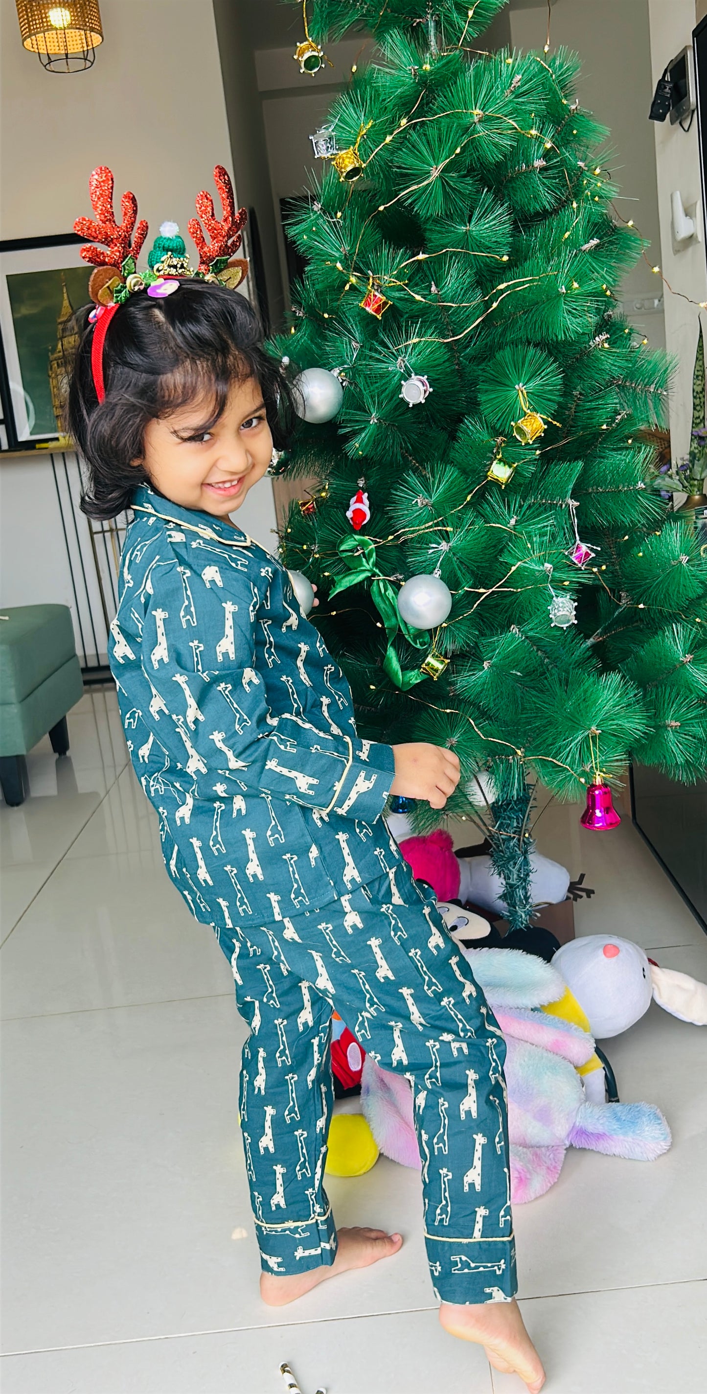 Green Cotton Christmas Pajama set for kids -