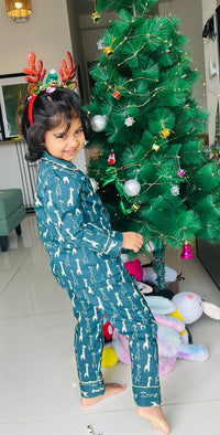 Green Cotton Christmas Pajama set for kids -