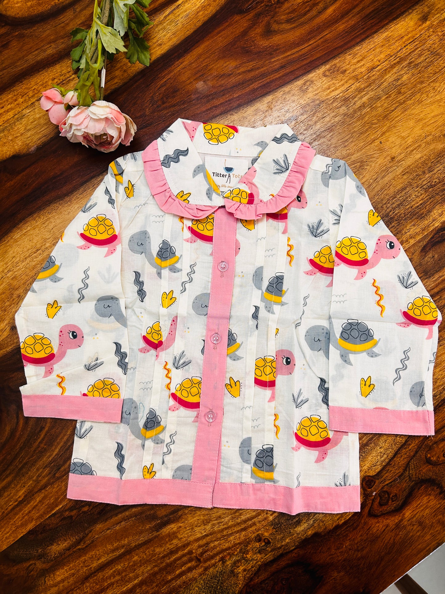 Handcrafted Turtle Pink Stripe Animal Print Night Dress