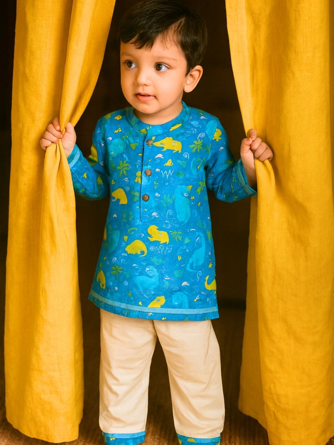 Little Voyager” – Blue Dino Kurta Pajama with Border | Pure Cotton