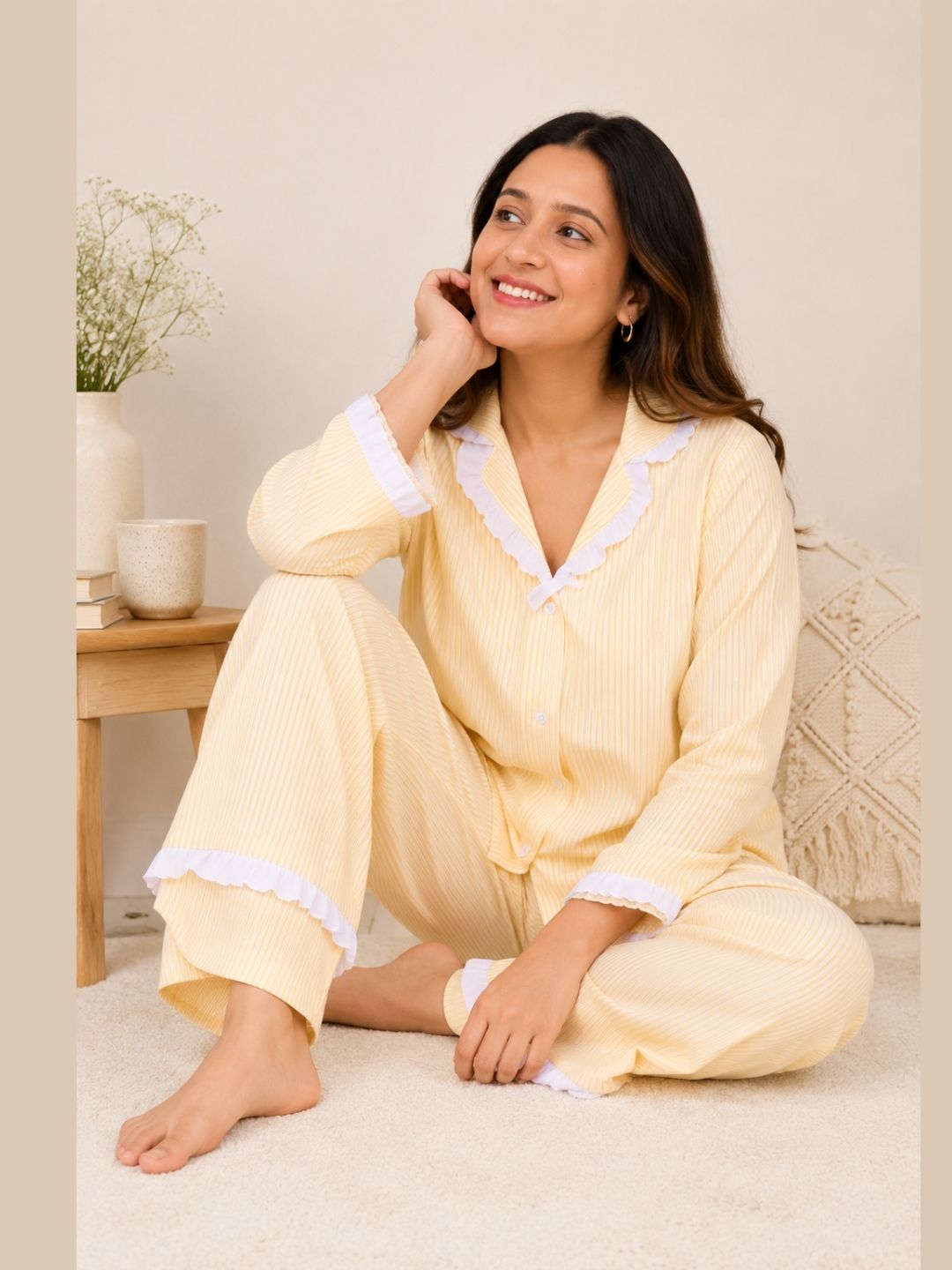 Lemon Yellow Slumber Pure Cotton Pajama Set with Vintage Frill Details-Relaxed Fit