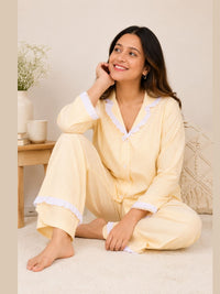 Lemon Yellow Slumber Pure Cotton Pajama Set with Vintage Frill Details-Relaxed Fit