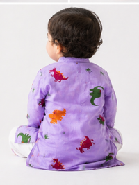 Brave Explorer – Purple Dino Kurta Pajama with Border | Pure Cotton