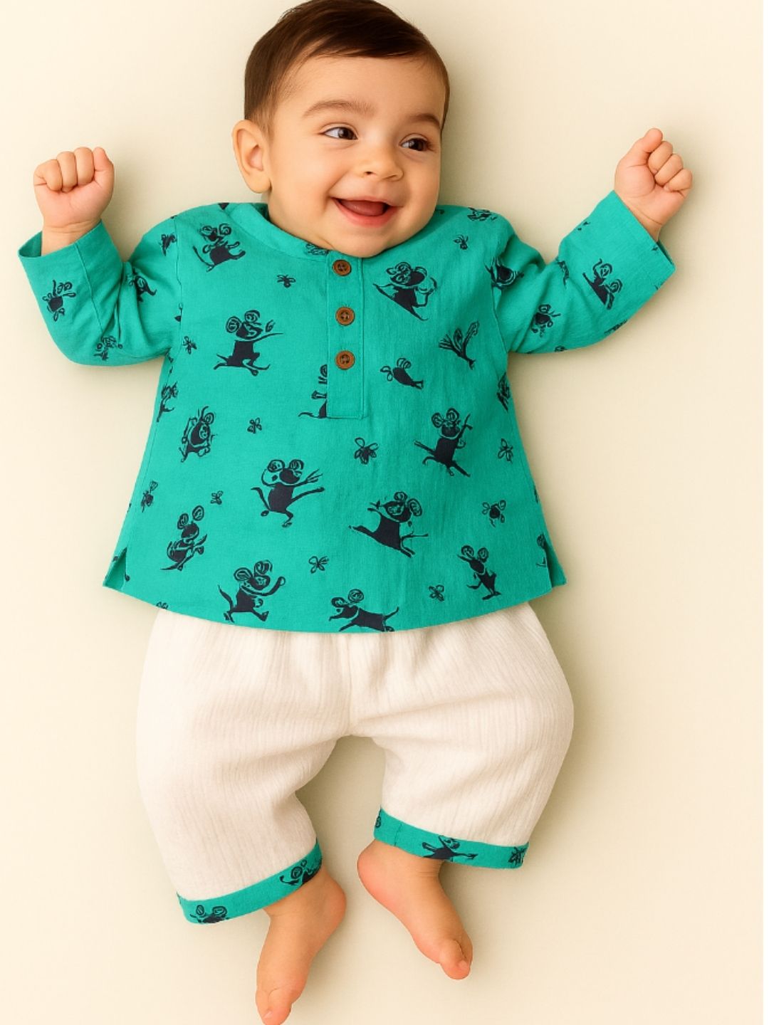 Playful Paw” – Green Dog Kurta Pajama with Border | Pure Cotton