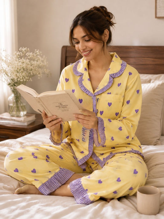 Yellow Heart  Pure Cotton Pajama Set with Vintage Frill Details-Relaxed Fit