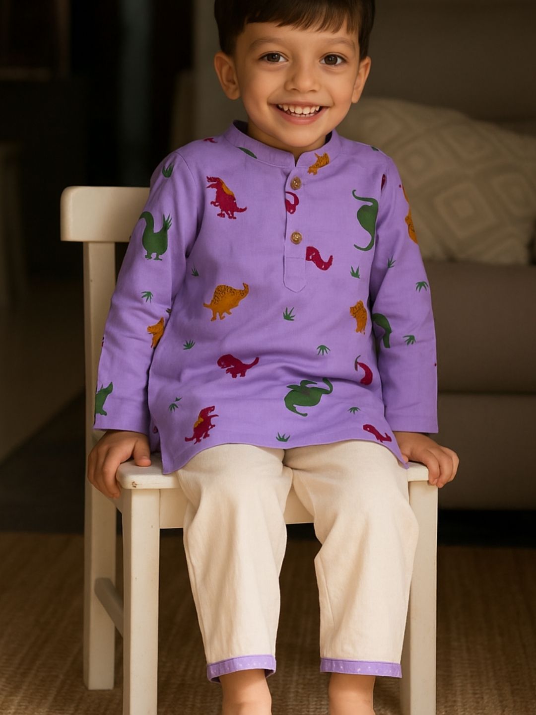 Brave Explorer – Purple Dino Kurta Pajama with Border | Pure Cotton