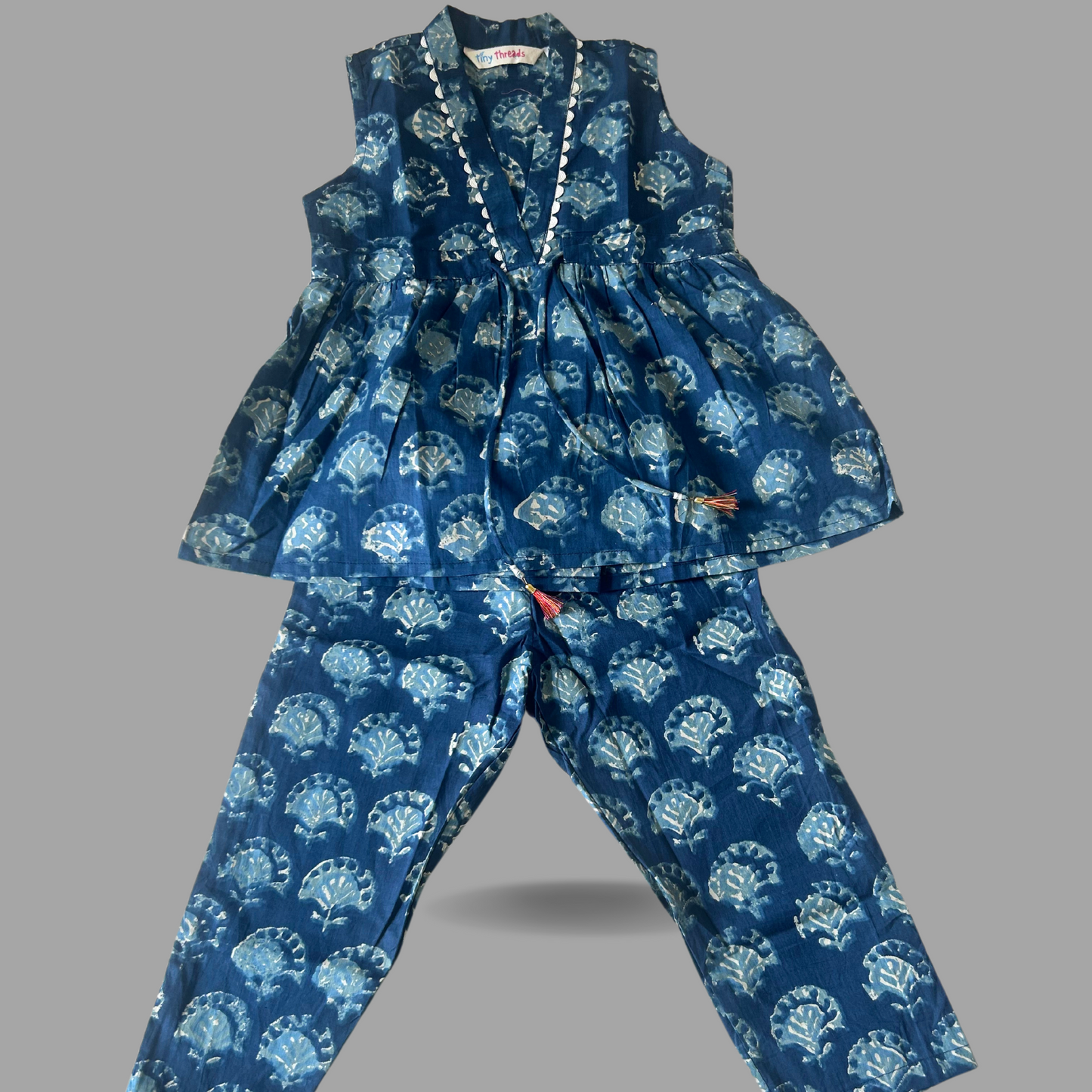 Radiant Blossoms: Indigo Blue Girls Pant and Top Set