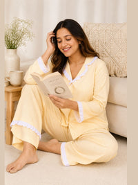 Lemon Yellow Slumber Pure Cotton Pajama Set with Vintage Frill Details-Relaxed Fit