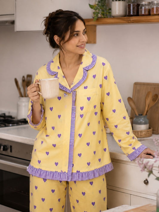 Yellow Heart  Pure Cotton Pajama Set with Vintage Frill Details-Relaxed Fit