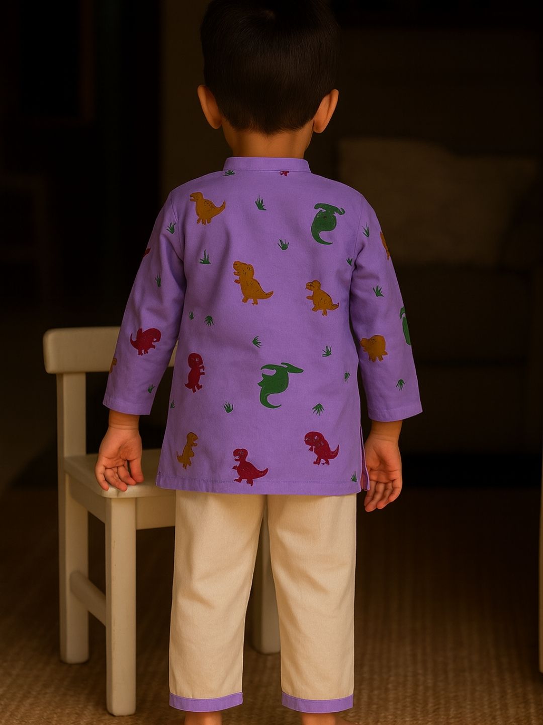 Brave Explorer – Purple Dino Kurta Pajama with Border | Pure Cotton