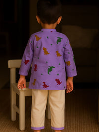 Brave Explorer – Purple Dino Kurta Pajama with Border | Pure Cotton