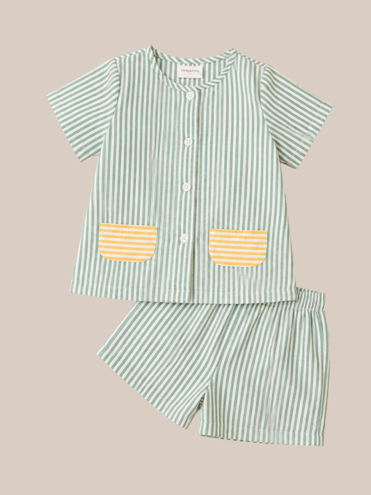 Green Kids Striped Cotton Co-ord Set | Casual Wear | Tittertots