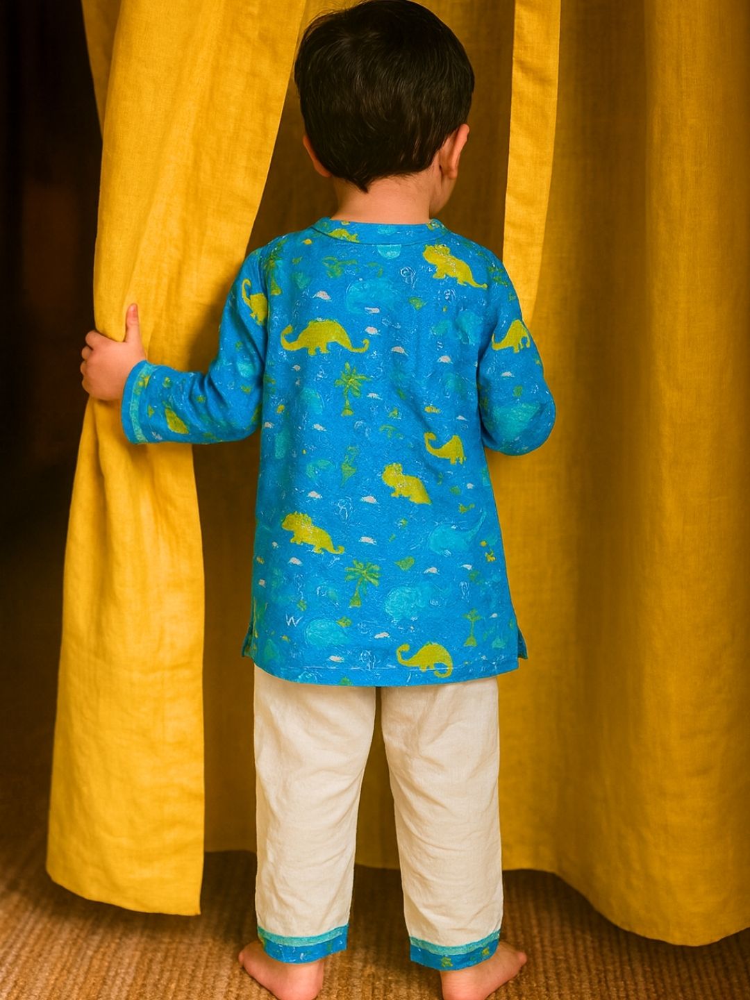 Little Voyager” – Blue Dino Kurta Pajama with Border | Pure Cotton