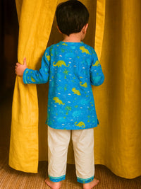 Little Voyager” – Blue Dino Kurta Pajama with Border | Pure Cotton
