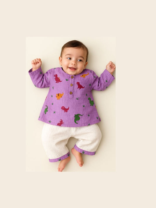 Brave Explorer – Purple Dino Kurta Pajama with Border | Pure Cotton