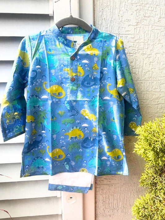Little Voyager” – Blue Dino Kurta Pajama with Border | Pure Cotton