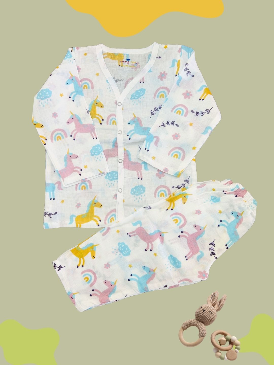 GOTS certified organic Muslin unisex Pajama set for Babies| Unicorn