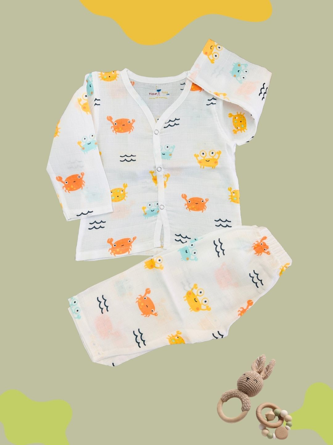 GOTS certified organic Muslin unisex Pajama set for Babies| Crab