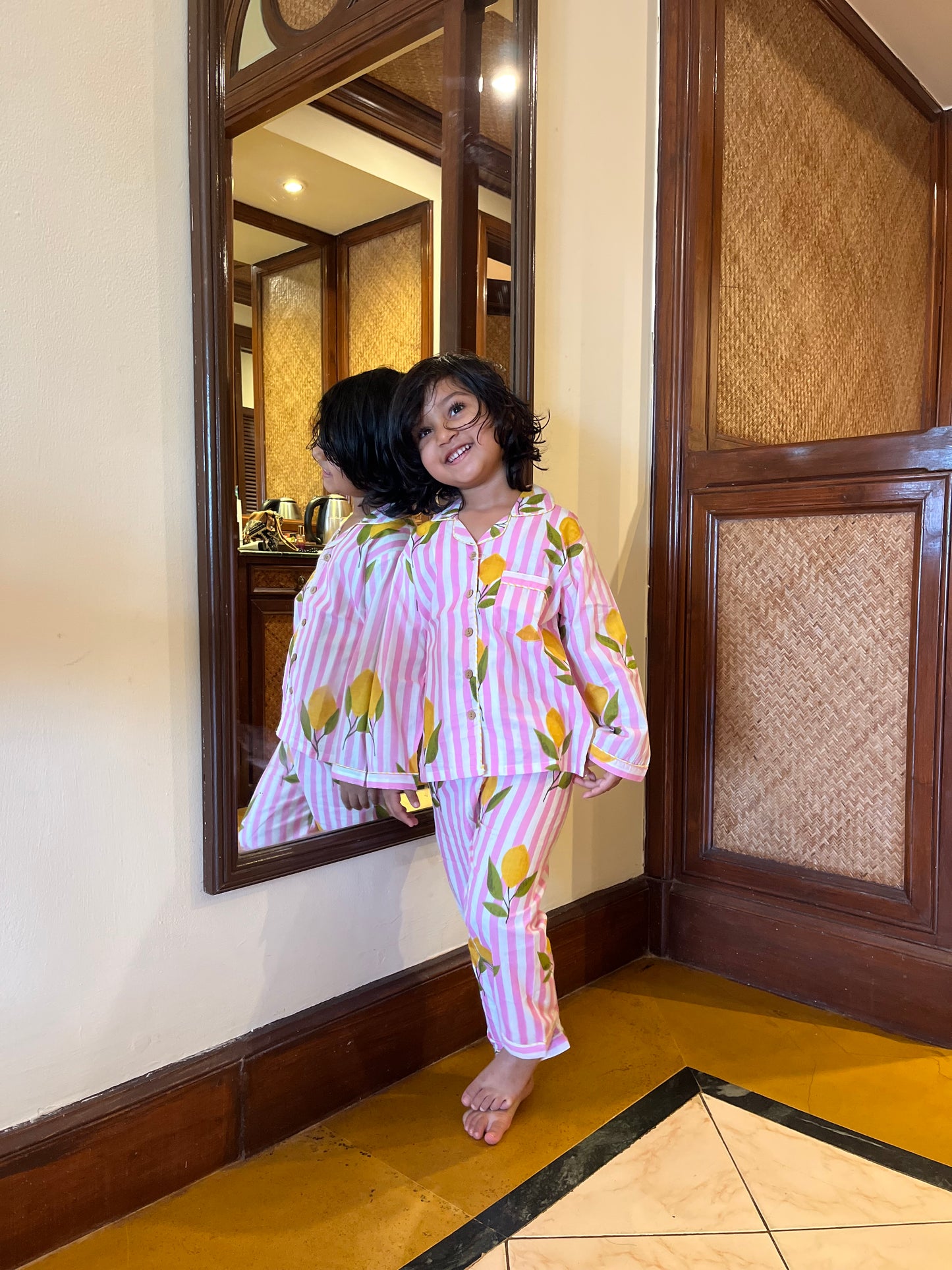 Pink Lemon Stripes Night suit