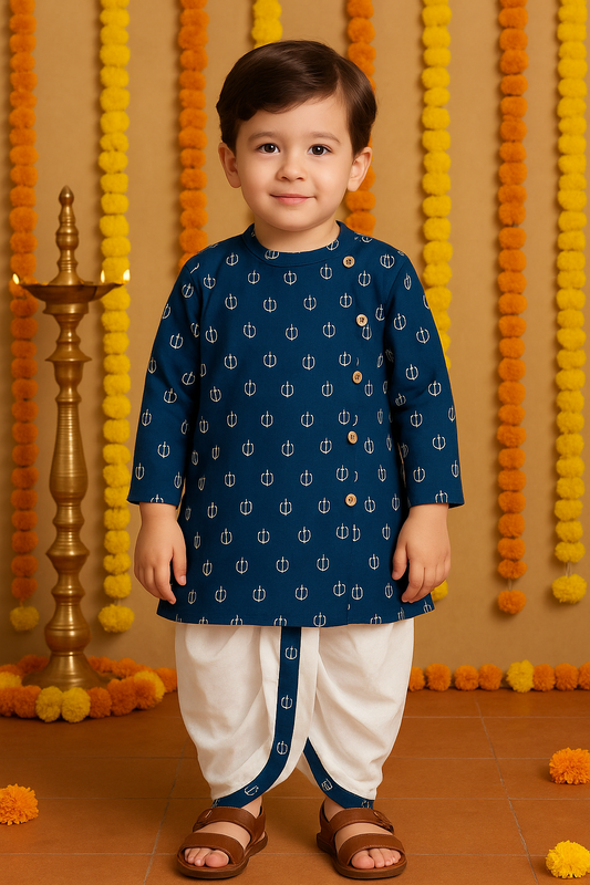 Bagru Handblock Print - Boys Ethnic Blue Kurta dhoti set