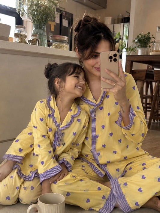 Yellow Heart Mom & Me Pajama Set Frill details-Relaxed fit
