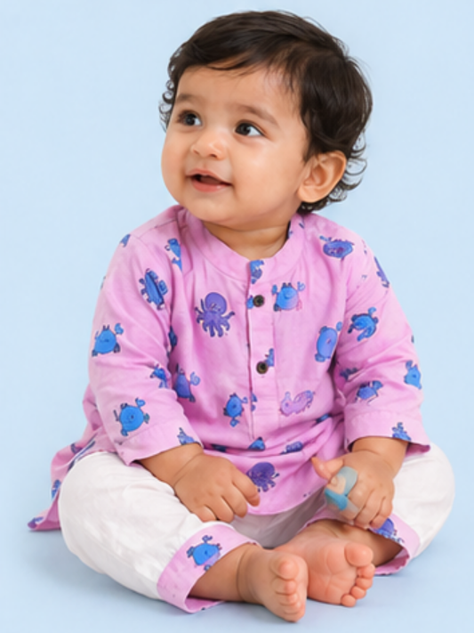 Dream Weaver – Pink Sea Creatures Kurta Pajama | Pure Cotton