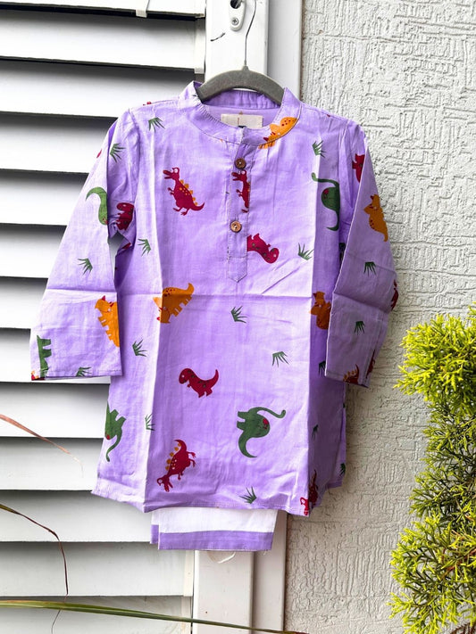 Brave Explorer – Purple Dino Kurta Pajama with Border | Pure Cotton