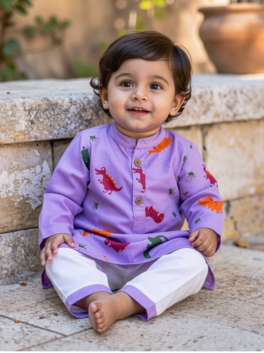 Brave Explorer – Purple Dino Kurta Pajama with Border | Pure Cotton