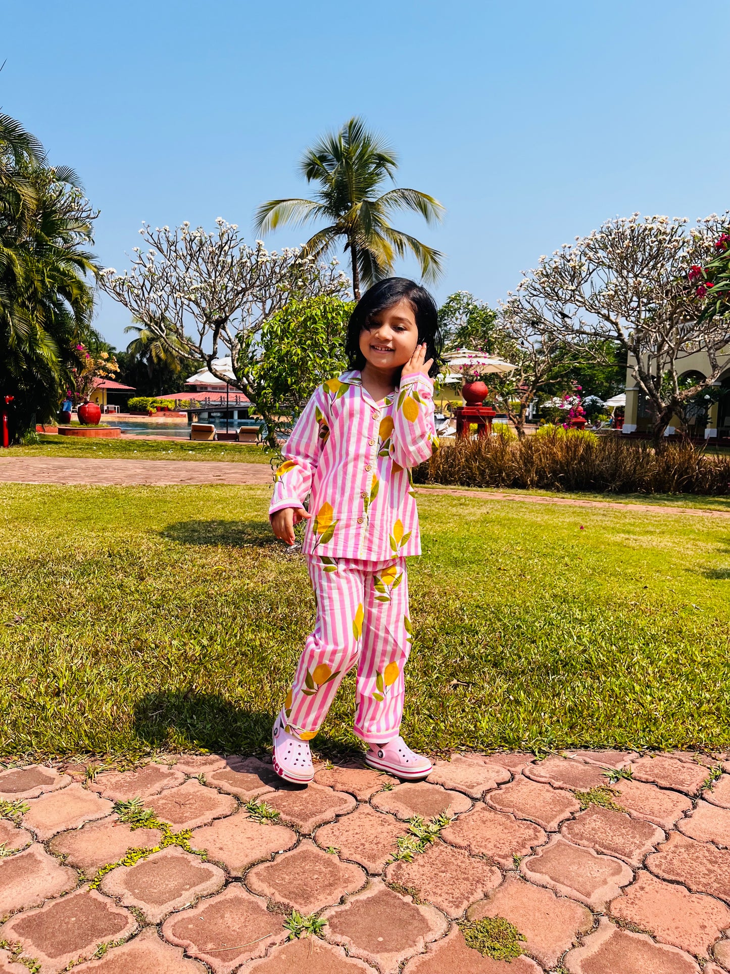 Pink Lemon Stripes Night suit