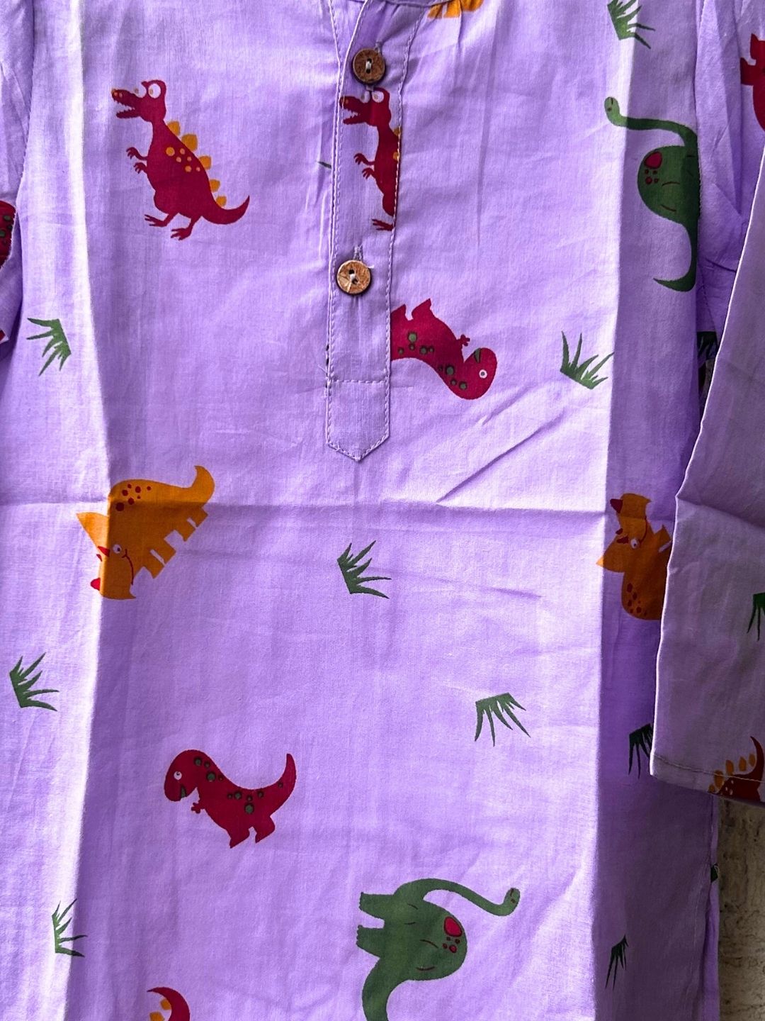 Brave Explorer – Purple Dino Kurta Pajama with Border | Pure Cotton