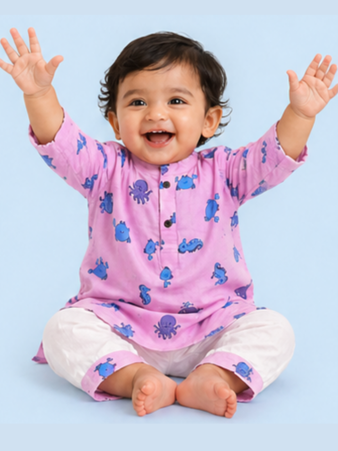 Dream Weaver – Pink Sea Creatures Kurta Pajama | Pure Cotton