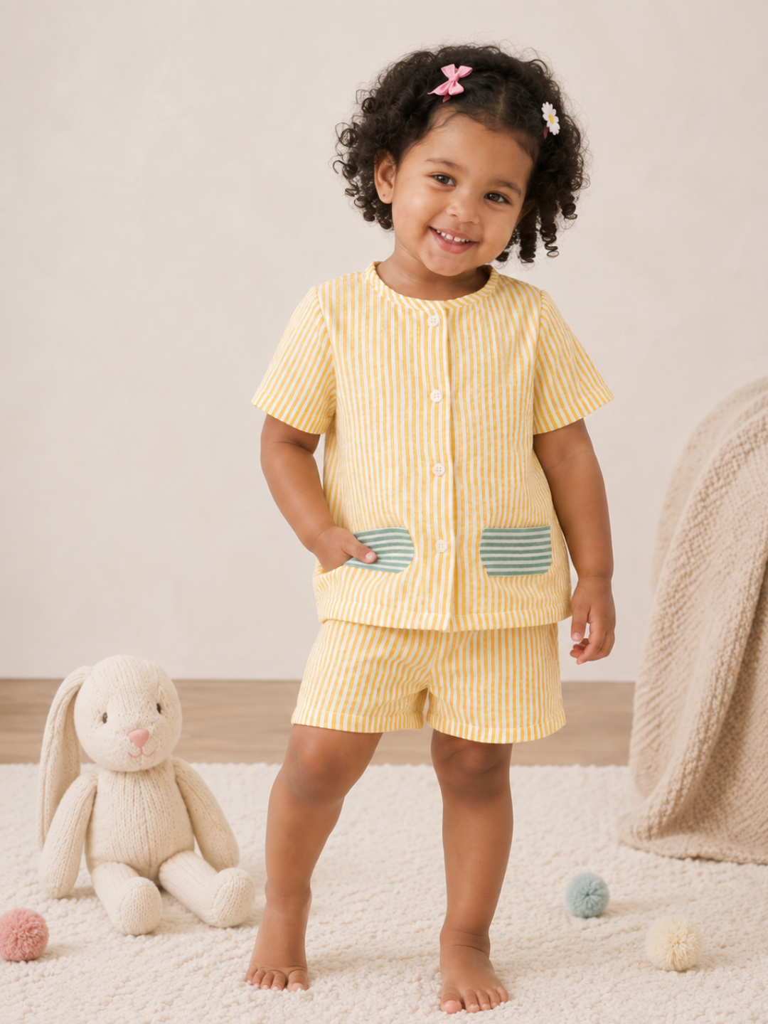 Yellow Kids Striped Cotton Co-ord Set | Casual Wear | Tittertots