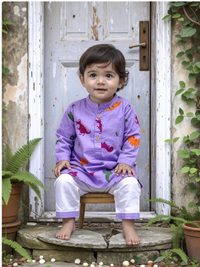 Brave Explorer – Purple Dino Kurta Pajama with Border | Pure Cotton