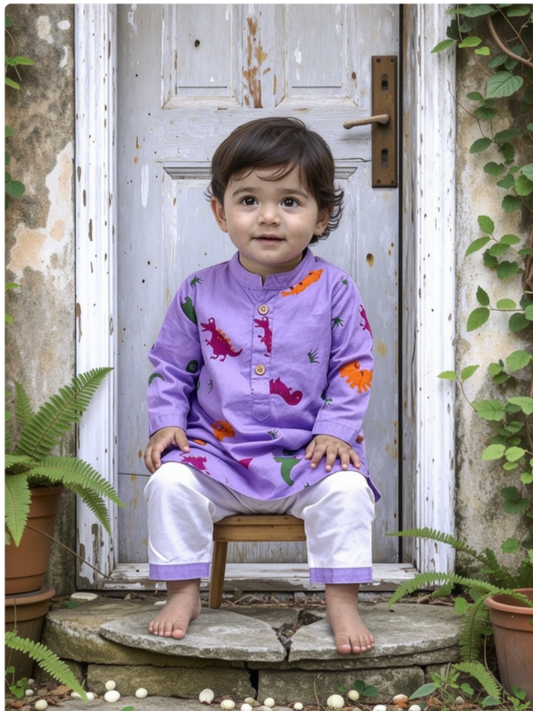 Brave Explorer – Purple Dino Kurta Pajama with Border | Pure Cotton