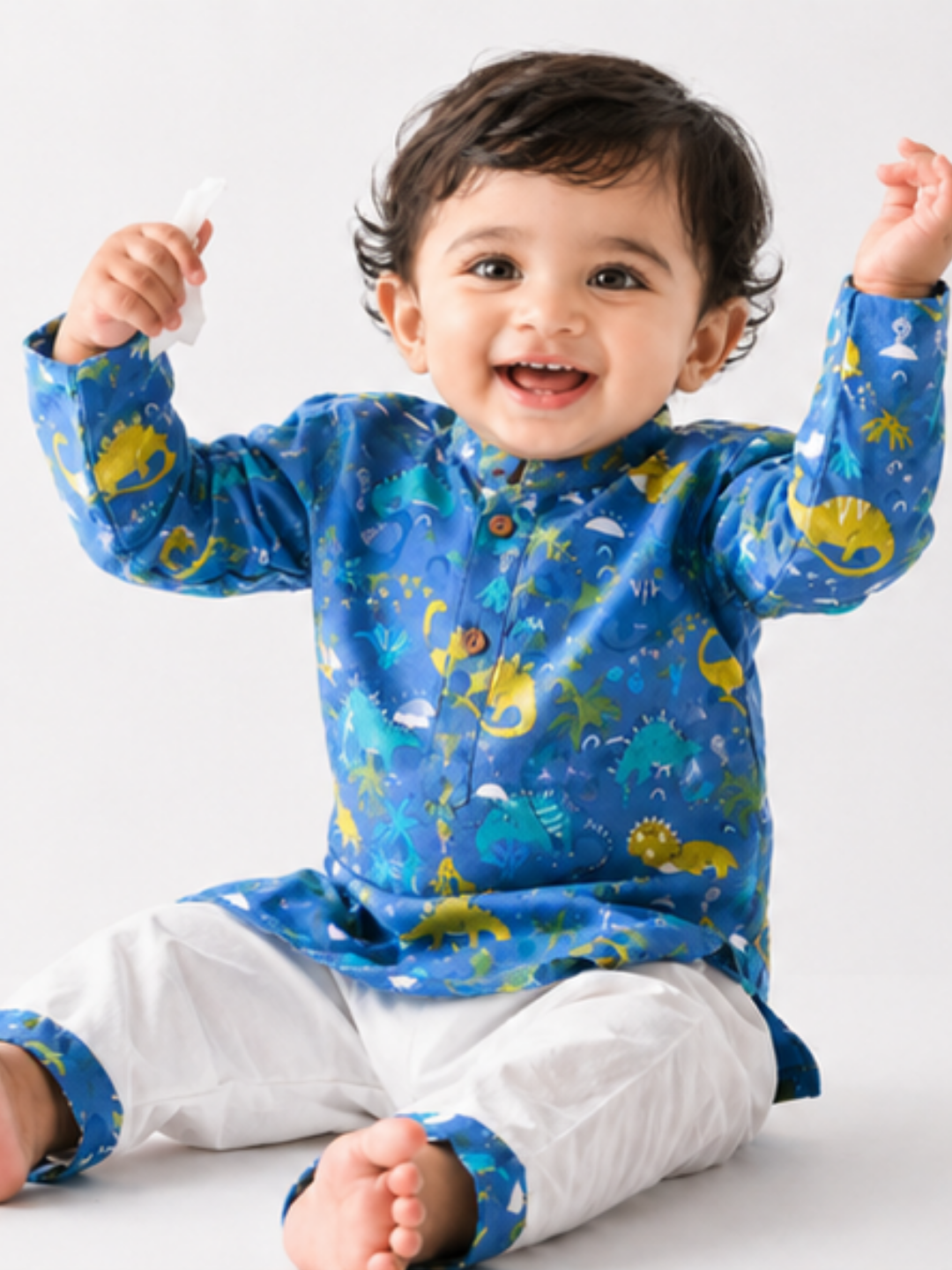 Little Voyager– Blue Dino Kurta Pajama with Border | Pure Cotton
