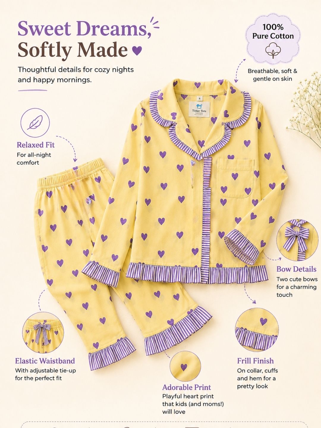 Yellow Heart Night Dress Frill details