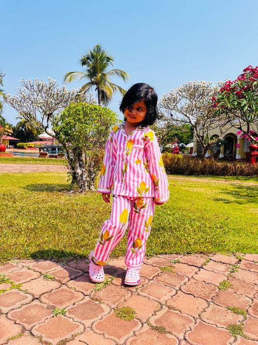 Pink Lemon Stripes Night suit