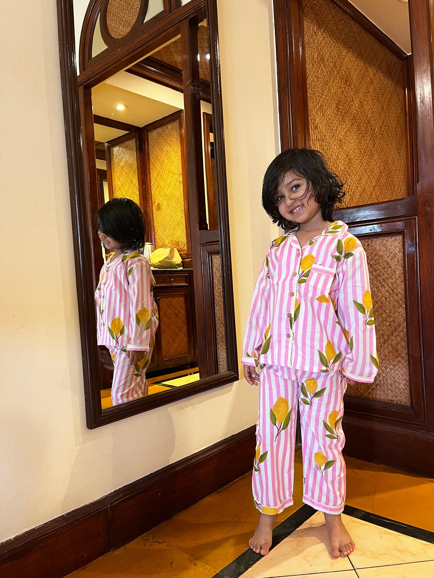 Pink Lemon Stripes Night suit