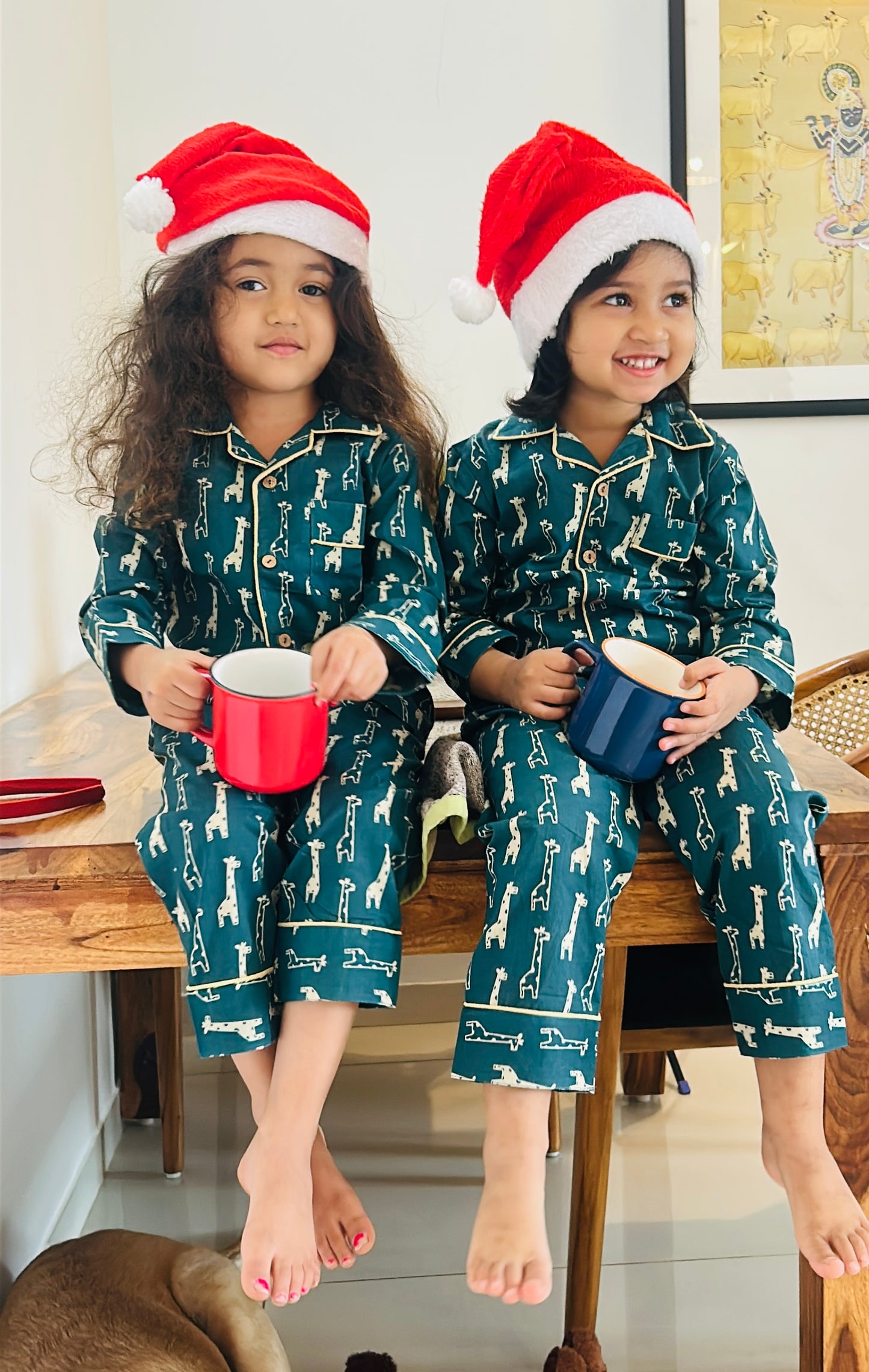 Green Cotton Christmas Pajama set for kids -