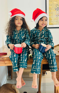 Green Cotton Christmas Pajama set for kids -