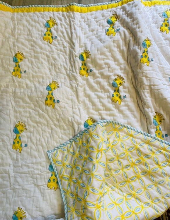 Gentle Giants: Handblock Giraffe Print Baby Quilt