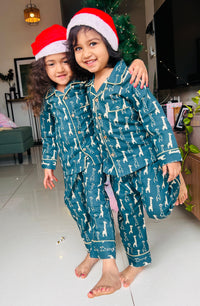 Green Cotton Christmas Pajama set for kids -