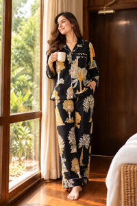 Women Handcrafted Black Jungle Night Suits