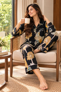 Women Handcrafted Black Jungle Night Suits